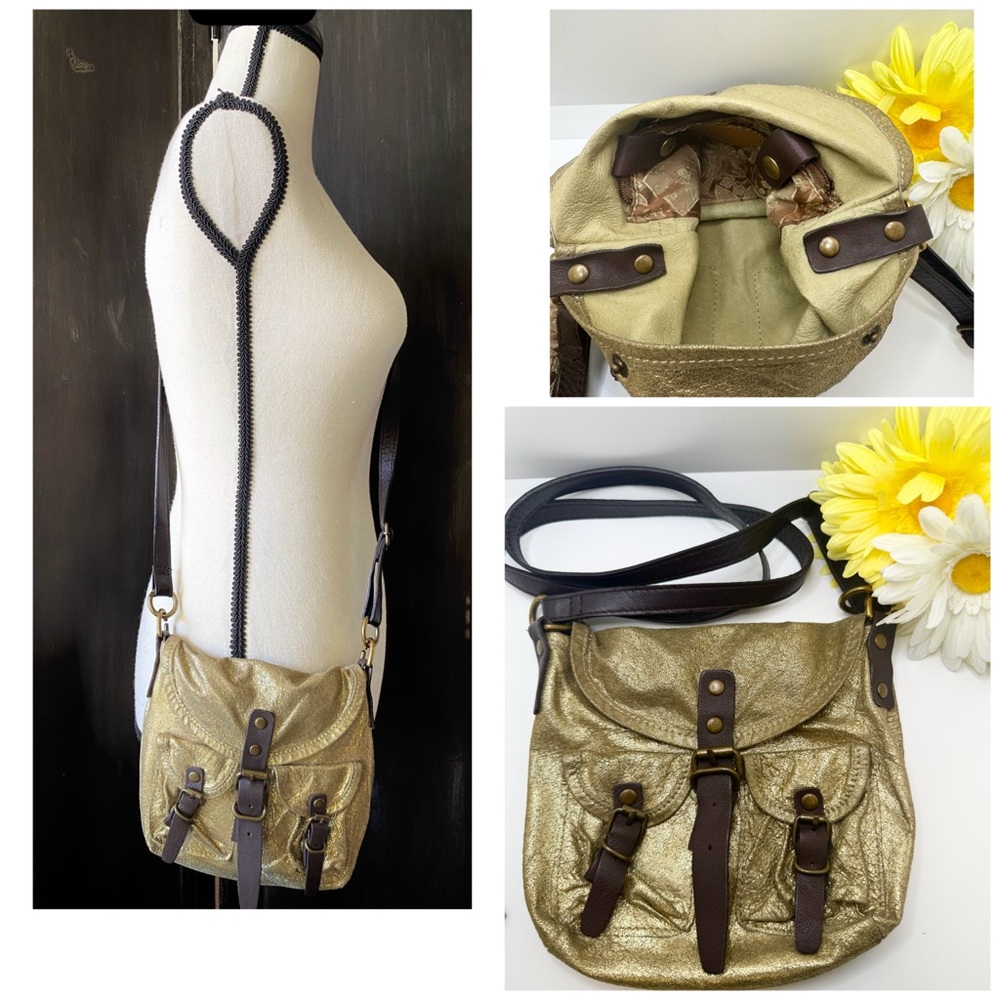 Anthropologie Gold Metallic Crossbody Bag with Brown Straps